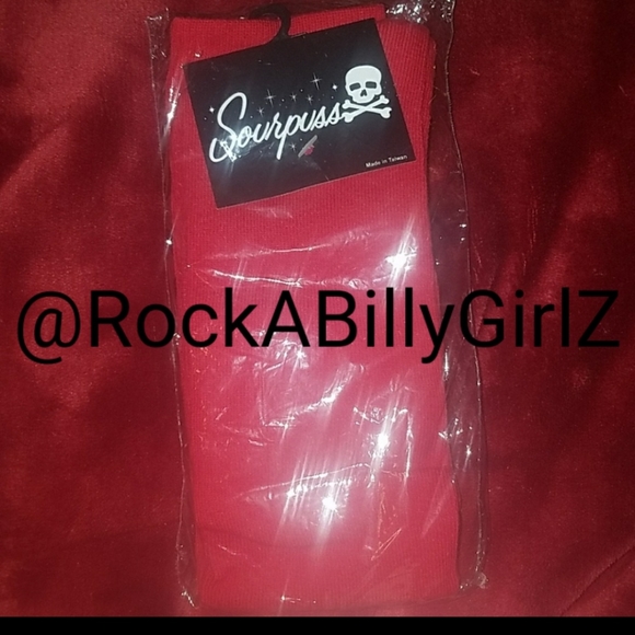 Sourpuss 19" Red Day of Dead Sexy Thigh High Socks w Double Sided Black Skulls - Picture 3 of 6